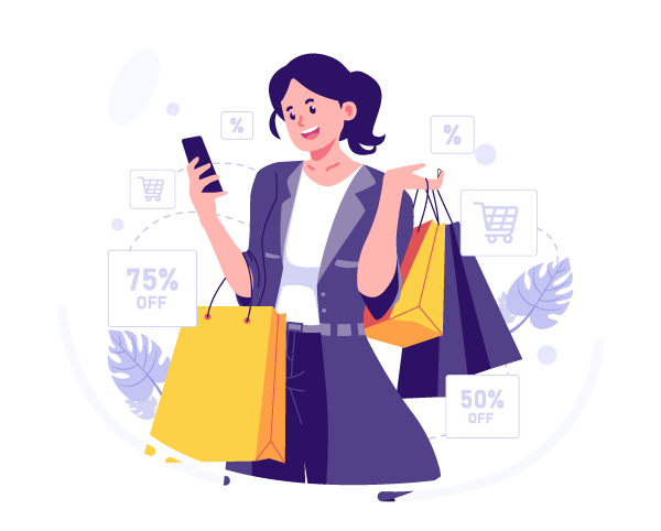 Illustrazione grafica di una ragazza sorridente che fa shopping con buste e cellulare in mano